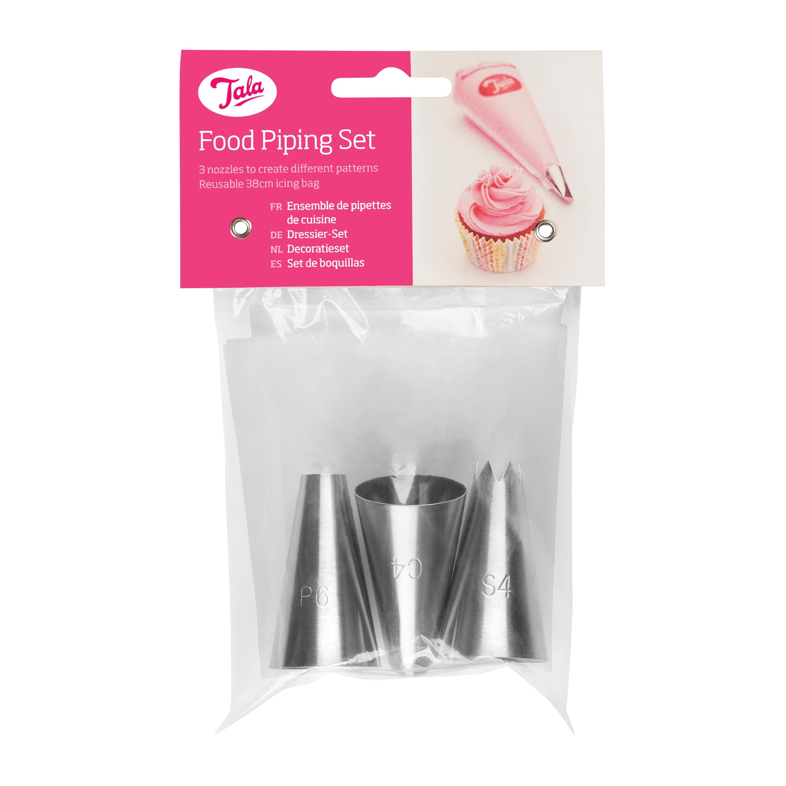 Tala Food Piping Bag Set with 3 Nozzles, Perfect for Piping All Foods, Perfect for Mash Potato, Cream and Icing, Piping Bag is Reusable and Nozzles are Food Grade Stainess Steel