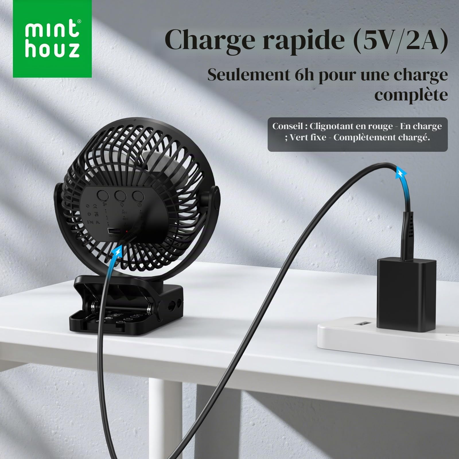 Minthouz Ventilateur portable USB rechargeable 12000 mAh avec clip et télécommande, 45H d'autonomie, silencieux, 3 vitesses, lumière LED, rotation à 360°, minuteur, pour bureau, camping et poussette