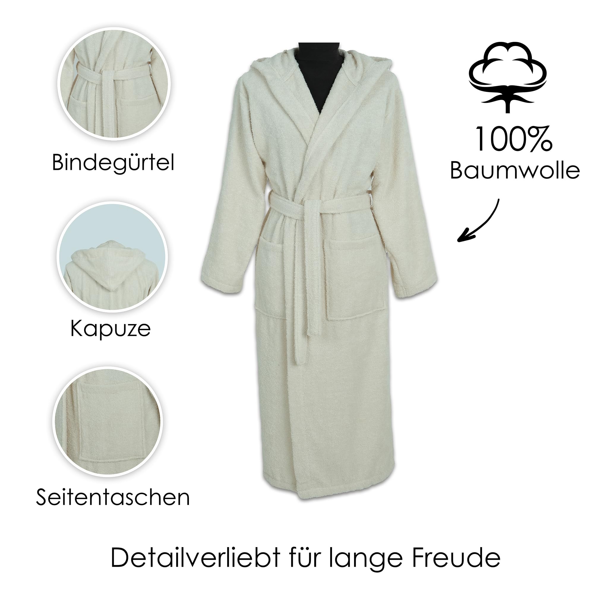 Vency - Luksusowy szlafrok kąpielowy z kapturem, 100% bawełna, miękki i chłonny – idealny do spa i domu, dla kobiet i mężczyzn, beżowy, XL