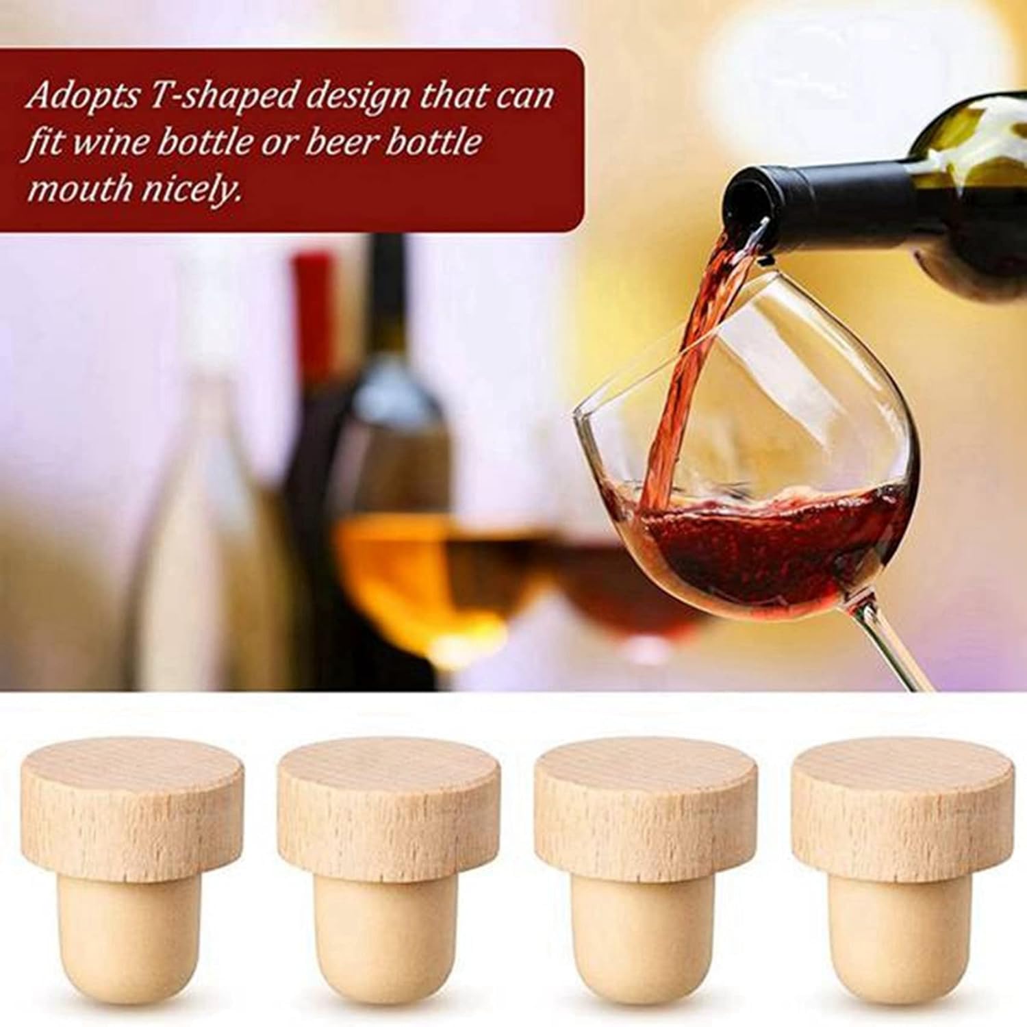 Tappi in sughero a forma di T per bottiglie di vino, riutilizzabili, in legno e gomma, 50 pezzi