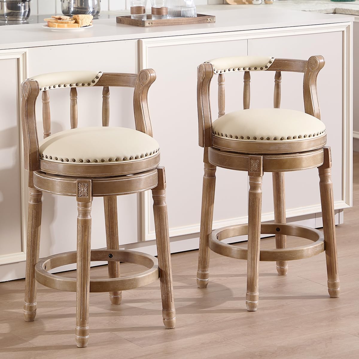 CozyRain Bar Stools Modern Swivel Barstools Genuine Leather Upholstered Bar Stool Island Barstool with Footrest for Home Kitchen Dining Room (Set of 2 Beige, Seat Height 26 in)