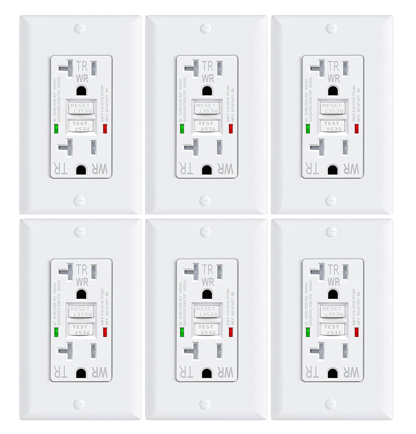 6 Pack GFCI Outlet 20 Amp GFI Electrical Outlet Outdoor Weather Proof (WR) Tamper Resistant(TR) Self-Test GFI Receptacles with LED Indicator Decoration Wall Plates White