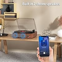 Vista 5 de Tocadiscos de vinilo con receptor Bluetooth integrado y 2 altavoces estéreo, 3 velocidades y 3 tamaños, tocadiscos retro portátil