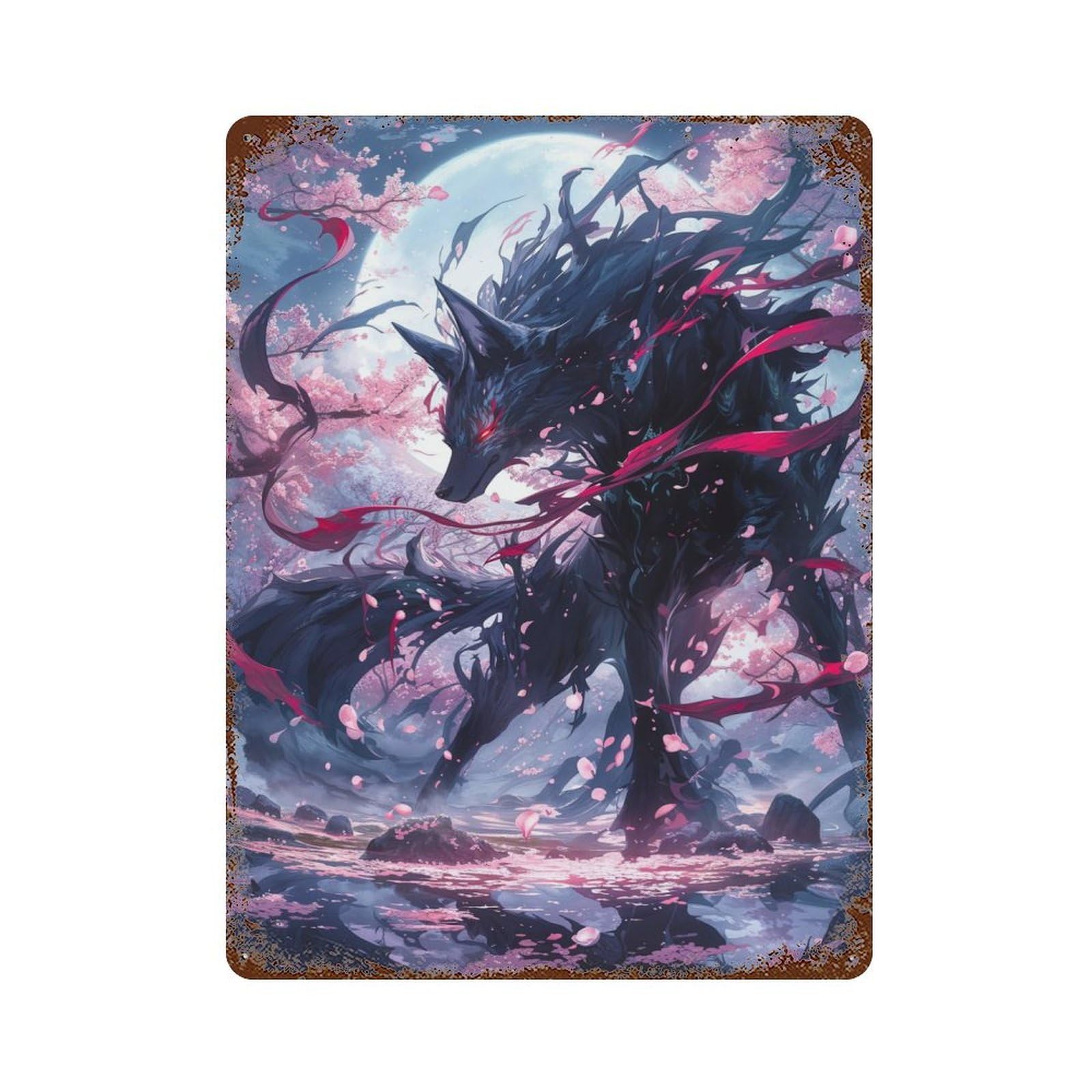 Black Kitsune Sakura Decorative Tin Sign 15.7"x11.8", Ideal for Basement, Hobby Room And Garage Decor