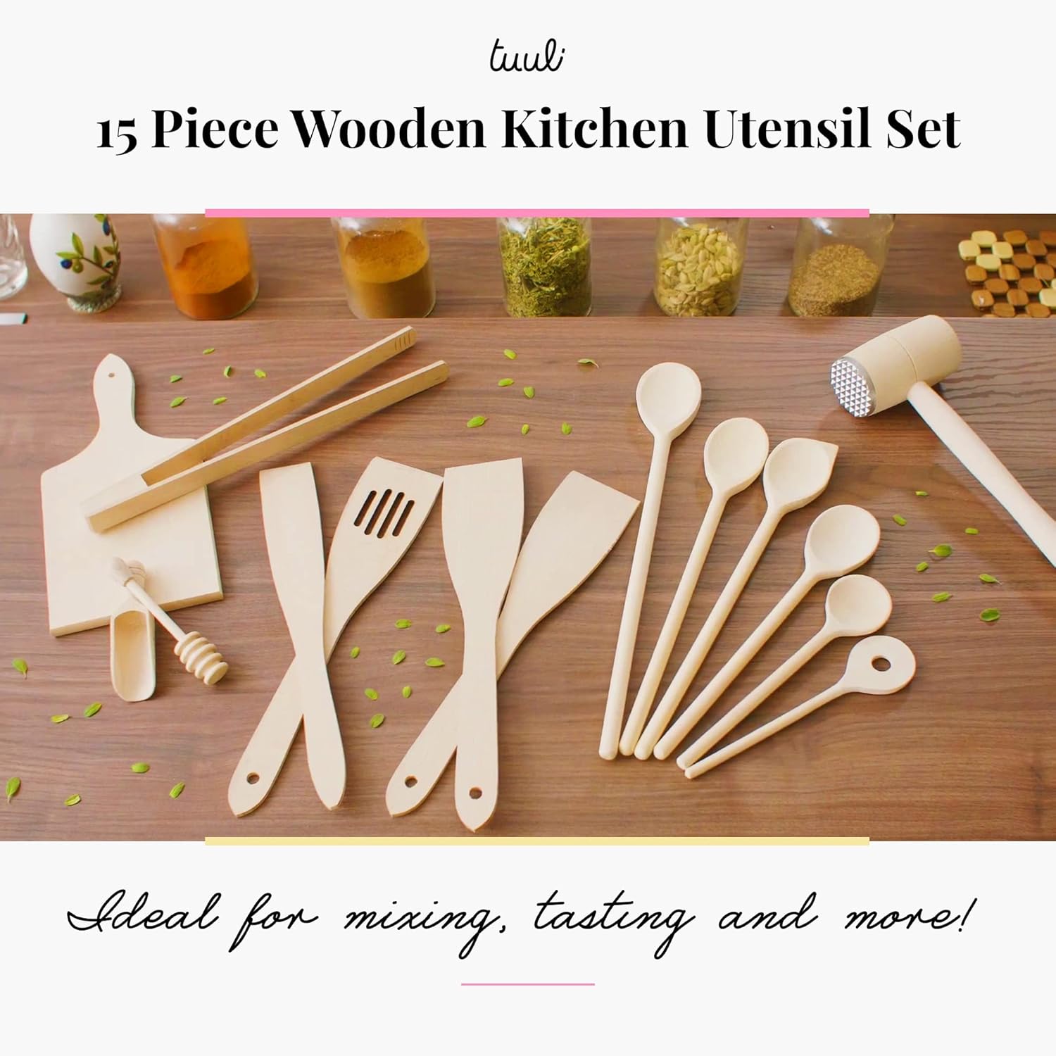 Tuuli Kitchen - 15-Piece Cooking Utensils Set, Specially Designed Solid Beechwood Wooden Spoons, Wood Spatula, Tenderiser and Honey Dipper, Durable Wooden Utensils for Everyday