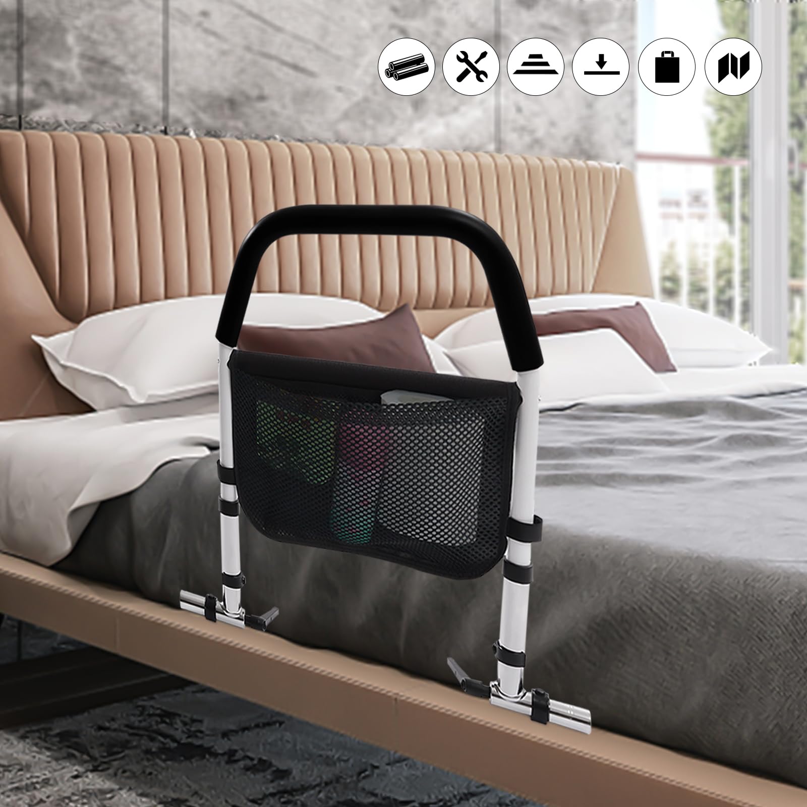 Cama ayuda para levantarse de la cama, barandilla de cama ajustable en altura para personas mayores, plegable, barandilla de cama, protección contra caídas, cama de acero al carbono
