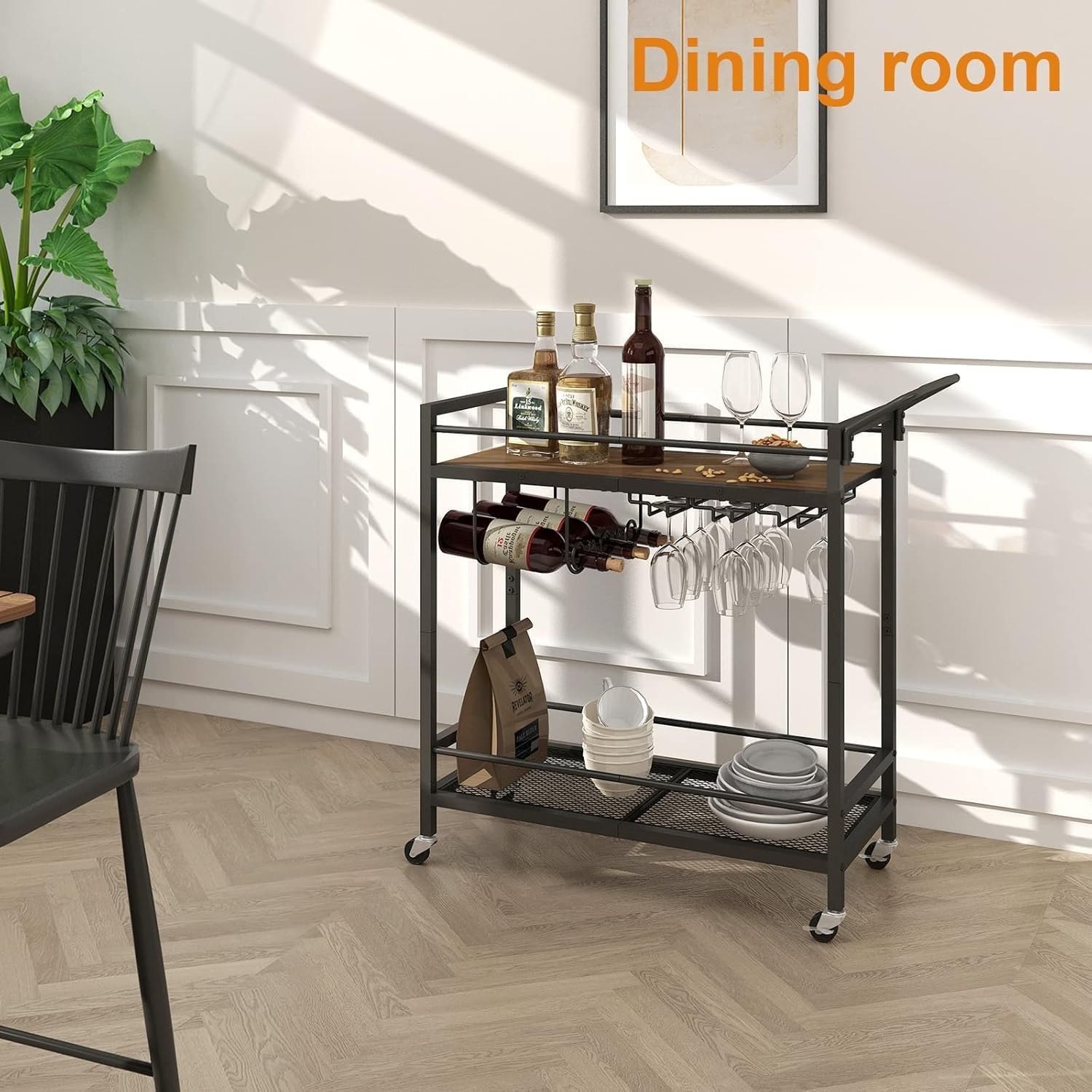 2-Shelf Rolling Bar Serving Cart, Dual-Color Reversible Top, Mobile Beverage Cart with Wine & Glass Holders for Kitchen, Dining & Living Room