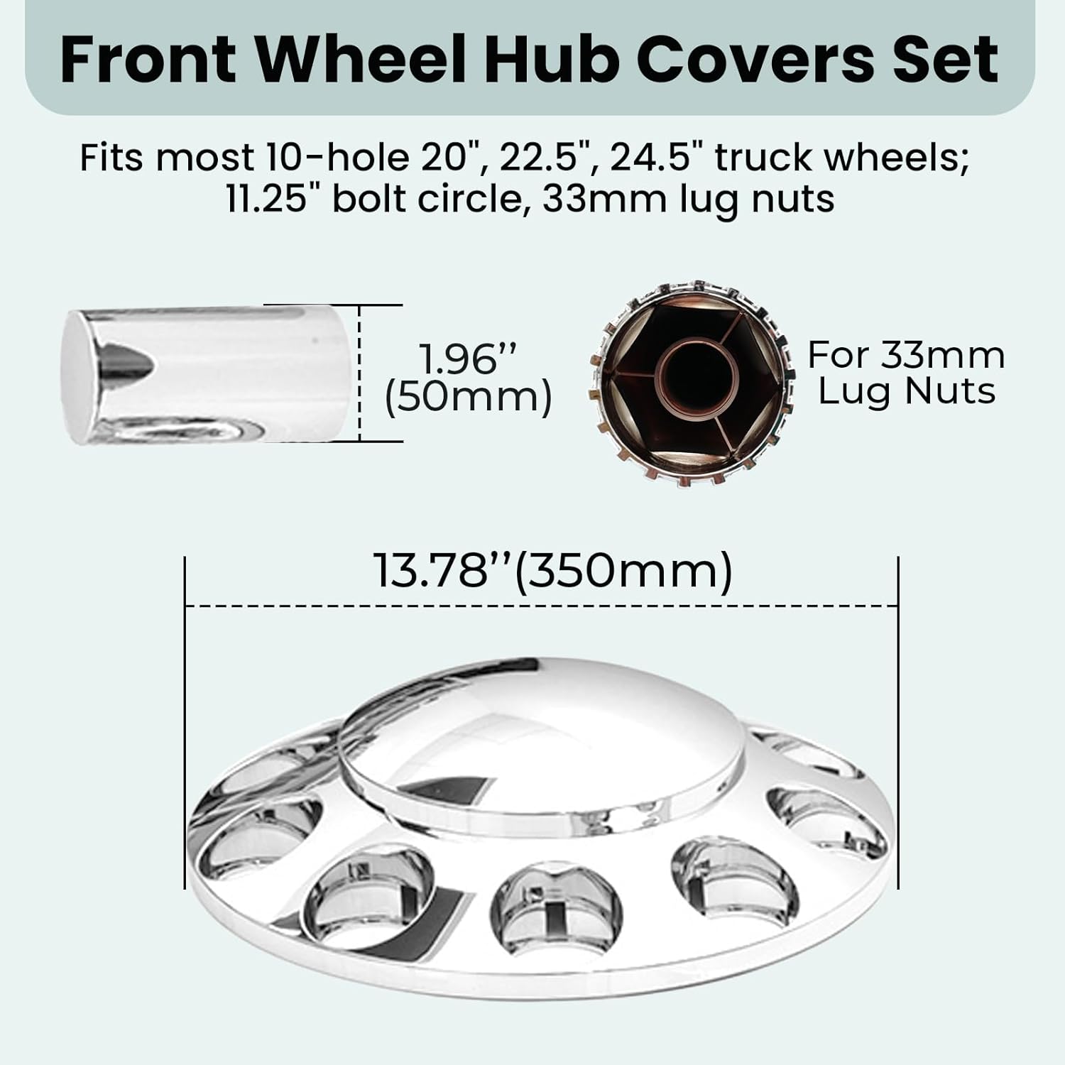 SEPEY 33 mm Cylinder Axle Cover Set Chrome Front Axle Complete Wheel Cover Set Removable Hub Caps Screw-on Lug Nut Covers for Semi Truck (2 Front)