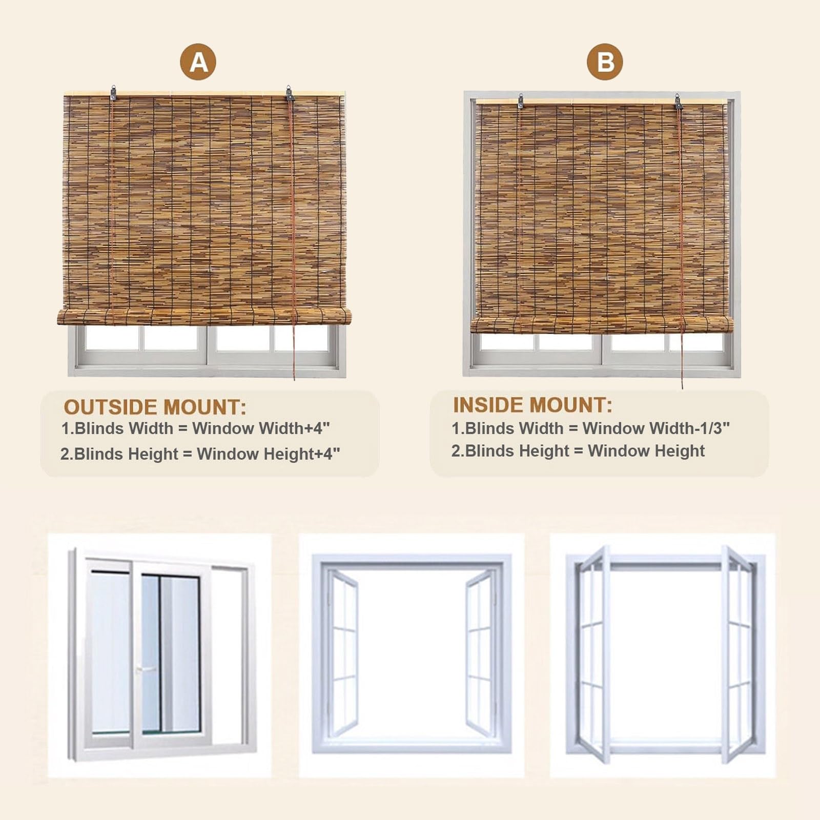 1m Bambusrollos Außen/Innen Bambus Jalousie 1.2m 1.5m Fenster Sichtschutz Wasserdicht Bambus Rollo 1.4m 1.3m Breite Schilfrohrvorhang(165W x 170L cm)