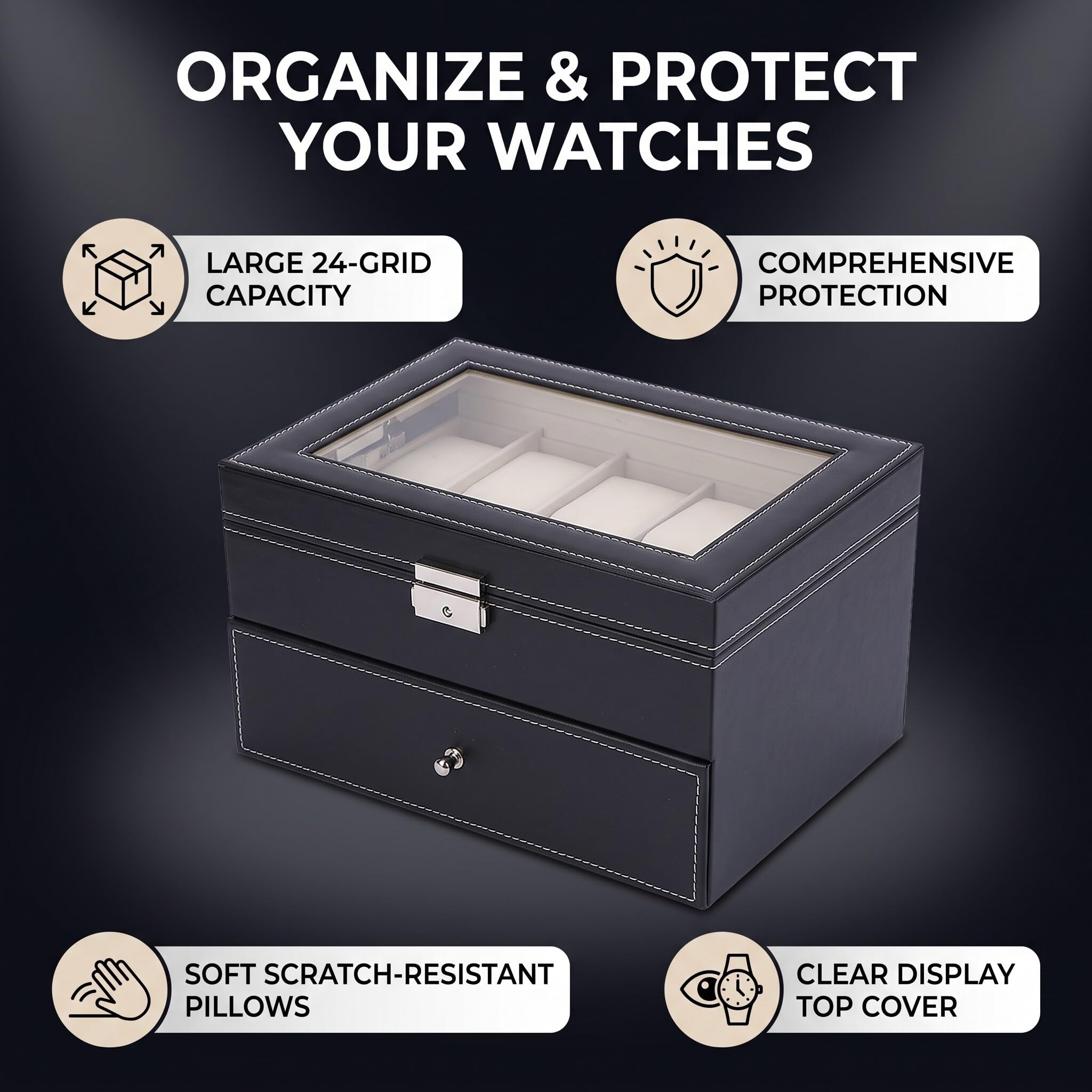 Ejoyous Caja de reloj para 24 relojes, caja de almacenamiento de relojes con tapa de cristal, caja de visualización con piel sintética y cojín de reloj de terciopelo para collar de pulsera