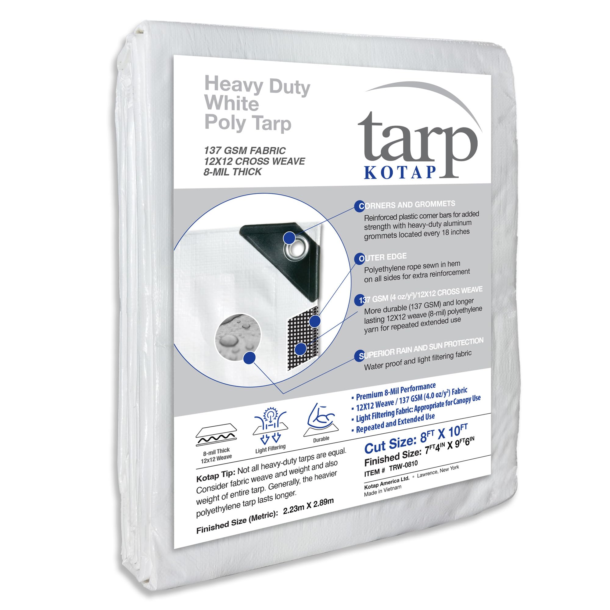 Kotap 8-ft x 10-ft Heavy-Duty 12 by 12 Cross Weave 8-mil White Poly Tarp, Item: TRW-0810