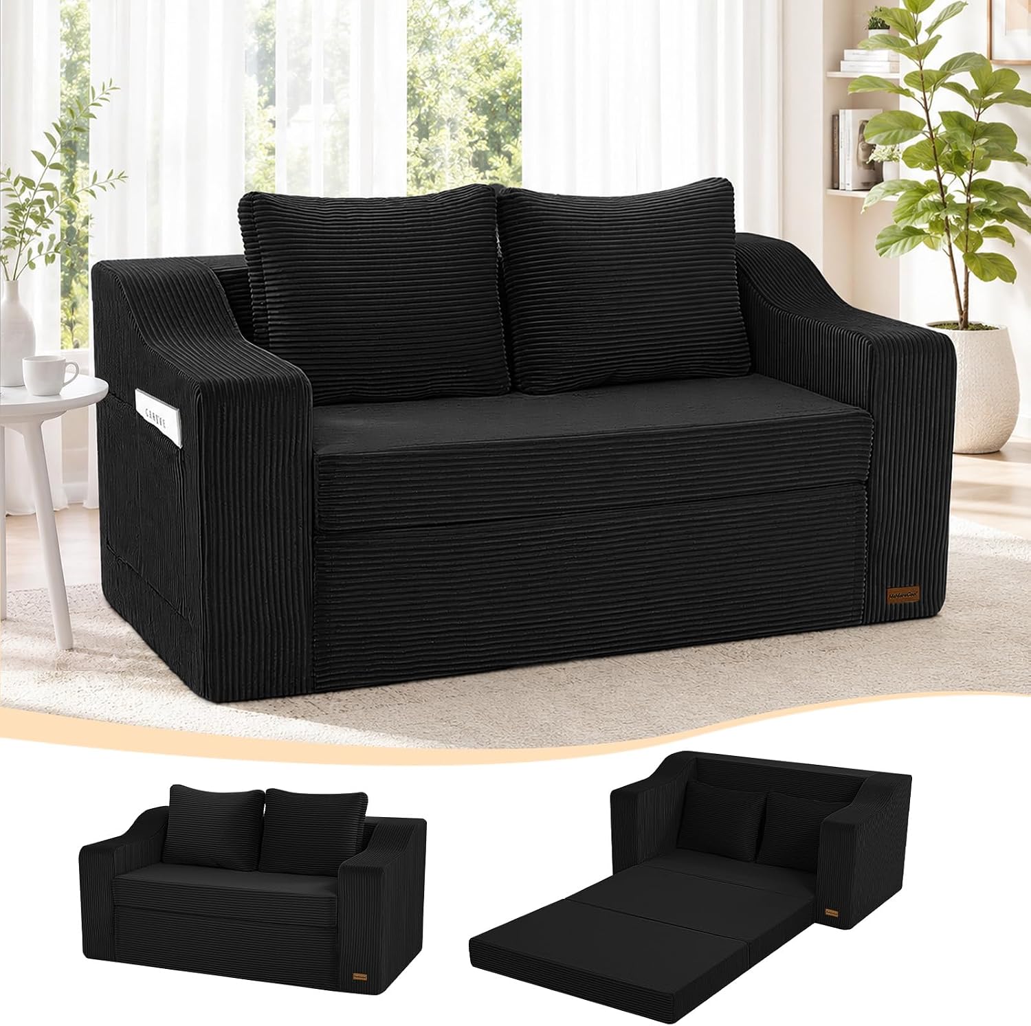 MeMoreCool Convertible Sofa Bed, Pull Out Loveseat Sofa Sleeper Couch for Bedroom Living Room Lounge, 2 in 1 Small Couch Bed with Pillow, Foldable Love Seat Futon Corduroy Black