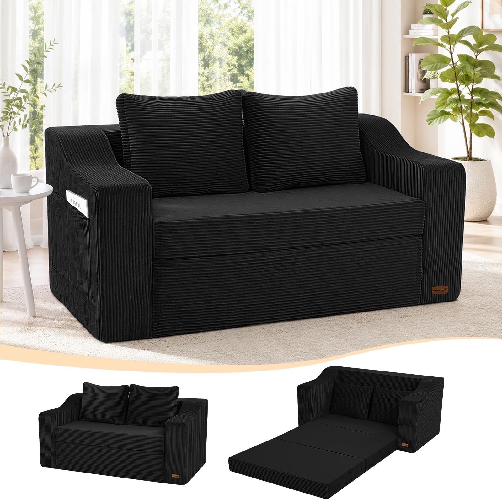 MeMoreCool Convertible Sofa Bed, Corduroy Foldable Floor Boneless Couch with Pillows, 2 in 1 Pull Out Loveseat Couch, No Assembly Guest Bed for Small Spaces, Flats, Bedrooms, Black