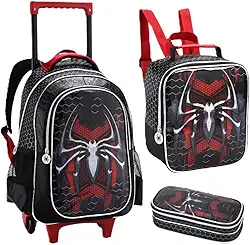 Kit Mochila Escolar Rodinhas Lancheira Estojo Spider Aranha
