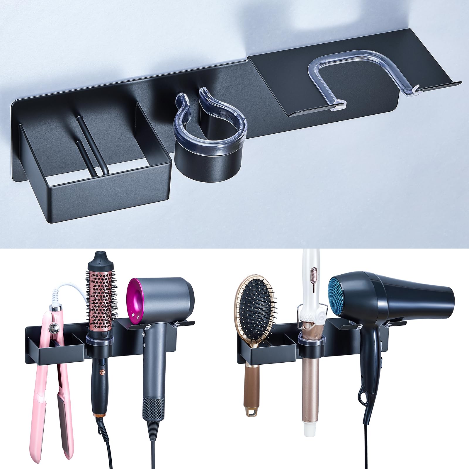 YYBO Hairdryer Holder Wall Mounted Hair Dryer and Straightener Holder, 3 in 1 Hair Tool Organiser for Curling Iron & Straightener & Hair dryer Holders Adhesive for Bathroom Dressing Table (Black)