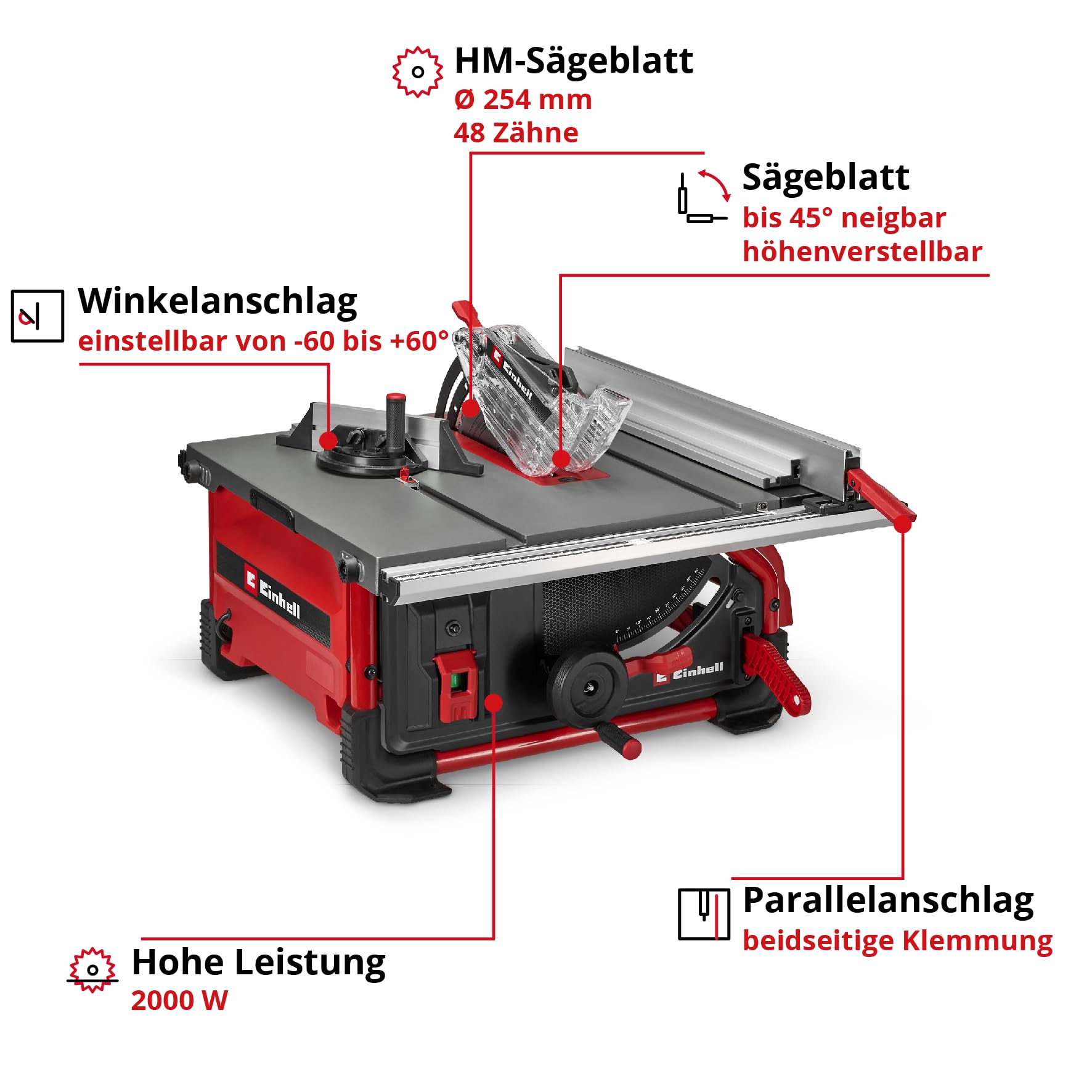 Einhell Tischkreissäge TE-TS 10 T (2000 W, 89 mm Schnitthöhe, Ø 254 mm Sägeblatt, Tischverbreiterung, Winkelanschlag, Parallelanschlag, Schiebestock, Absauganschluss)