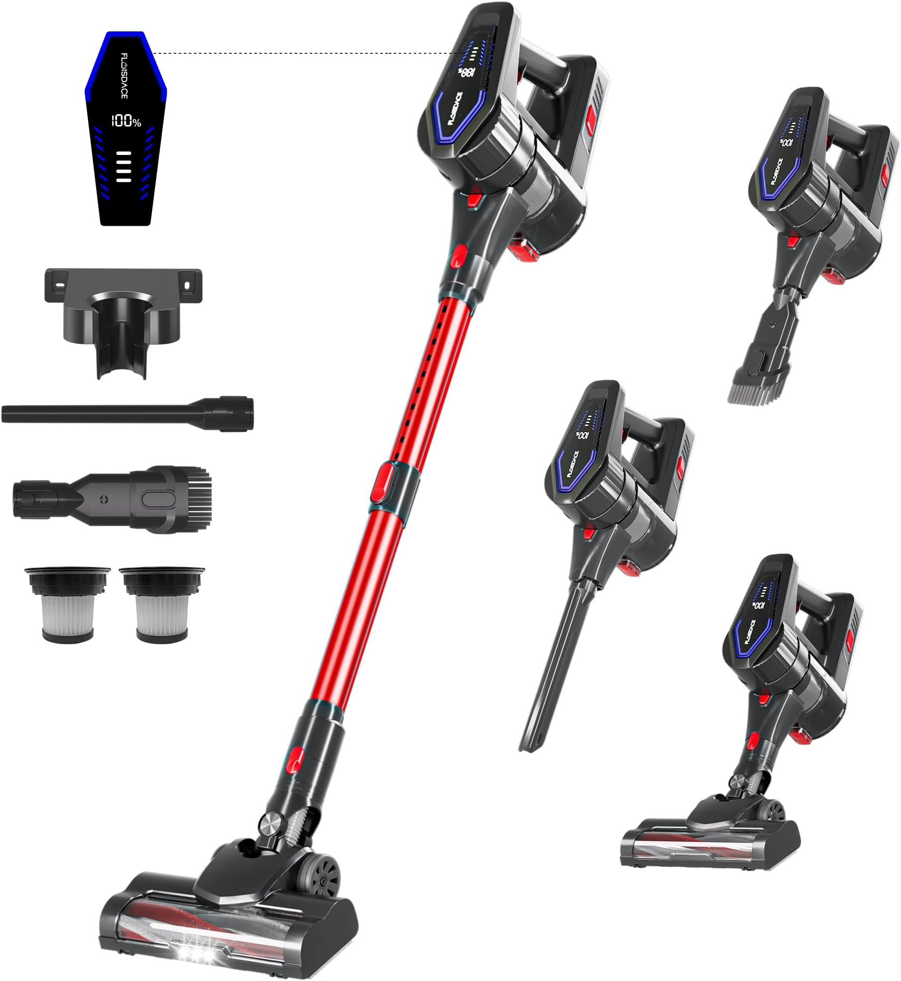 Cordless Vacuum Cleaner, 450W/45KPA Self-Standing Stick Vacuum, Lightweight Handheld Vacuum with LED Screen, Rechargeable Vacuum for Home, Hardwood, Carpets, Pet Hair, Car (Red)