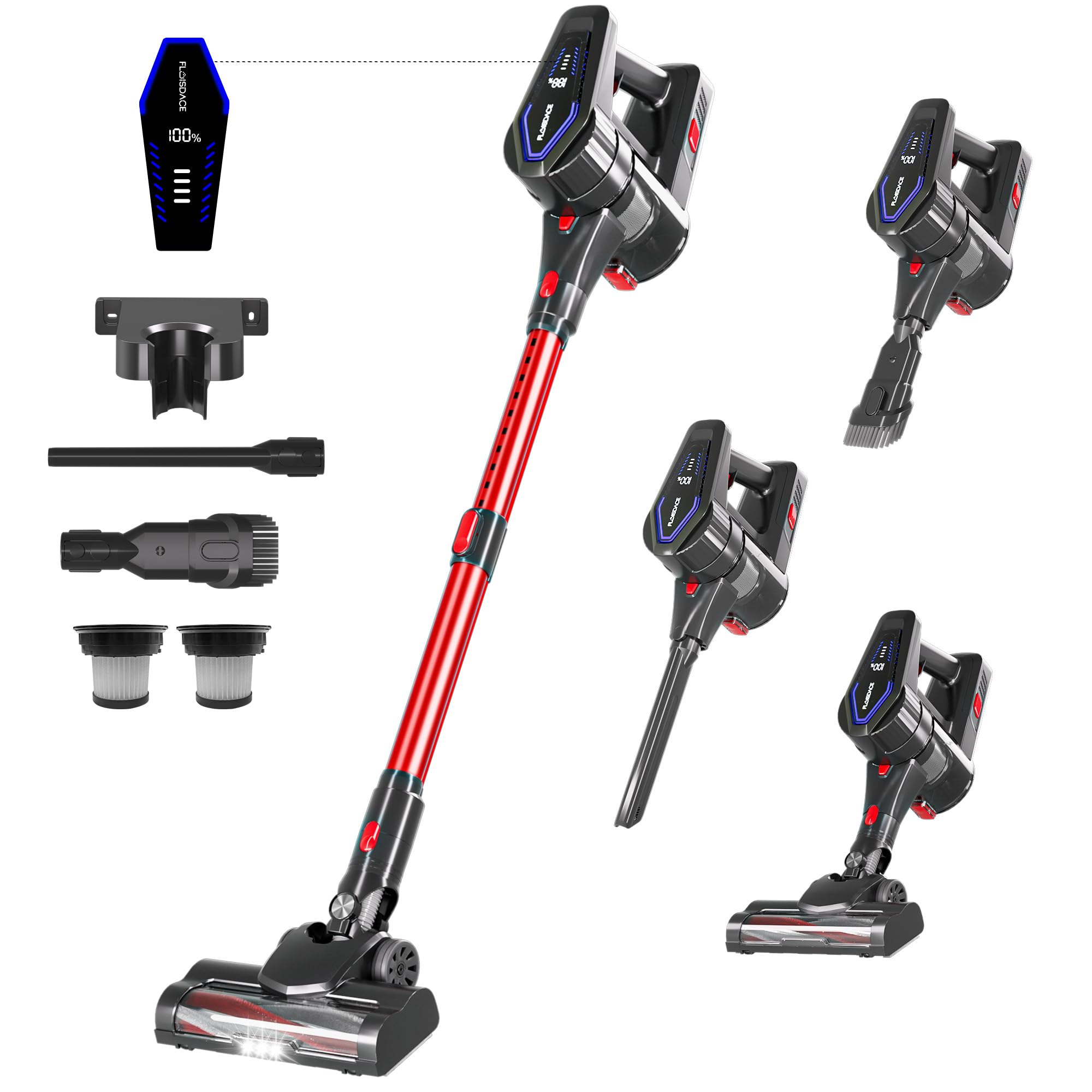Cordless Vacuum Cleaner, 450W/45KPA Self-Standing Stick Vacuum, Lightweight Handheld Vacuum with LED Screen, Rechargeable Vacuum for Home, Hardwood, Carpets, Pet Hair, Car (Red)