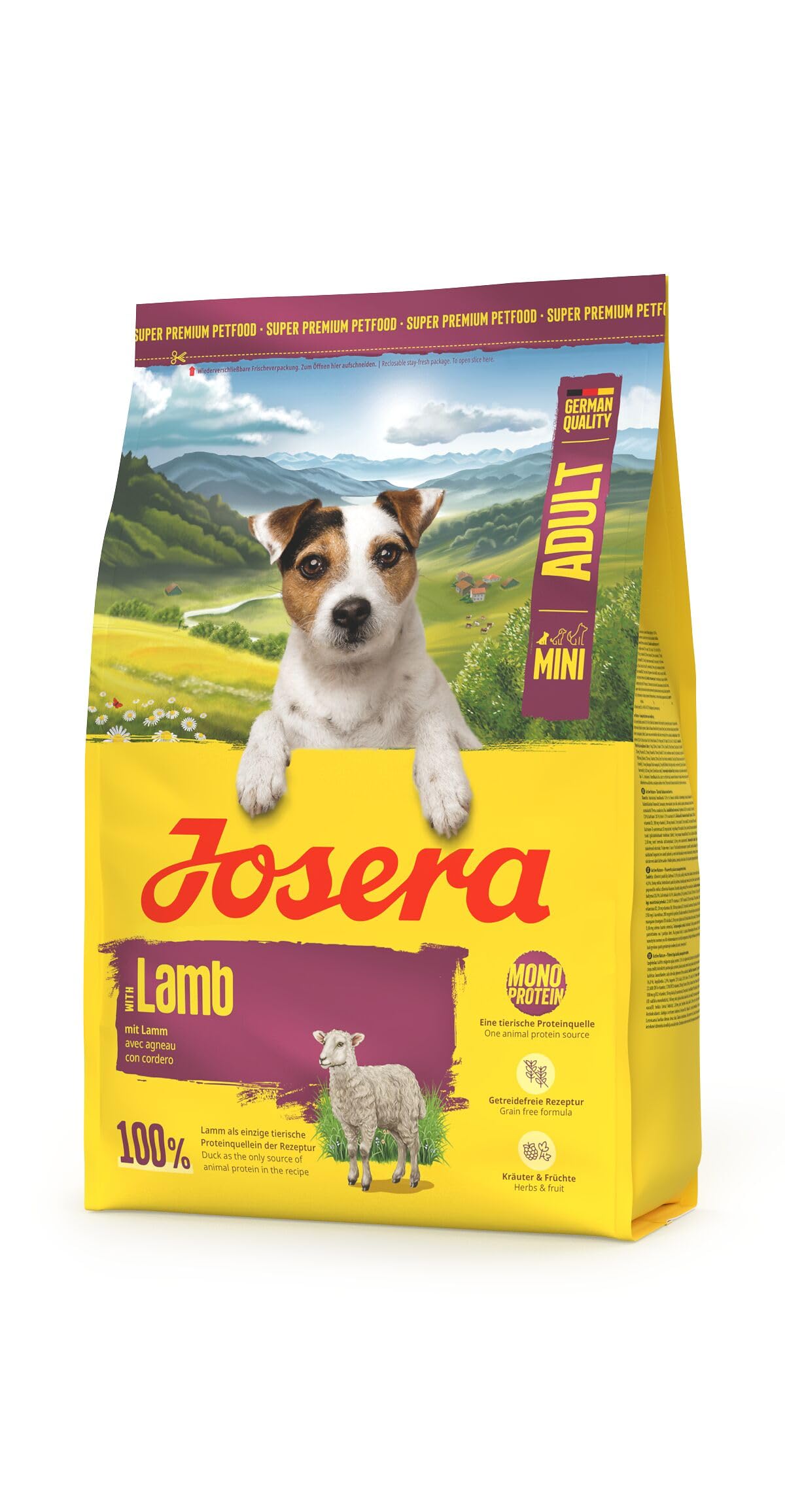 Josera Mini Adult Lamb | Single meat protein | Grain free | Complete dry food for toy & small breeds | Gluten free | Herbs & Fruits | 5x0.9kg