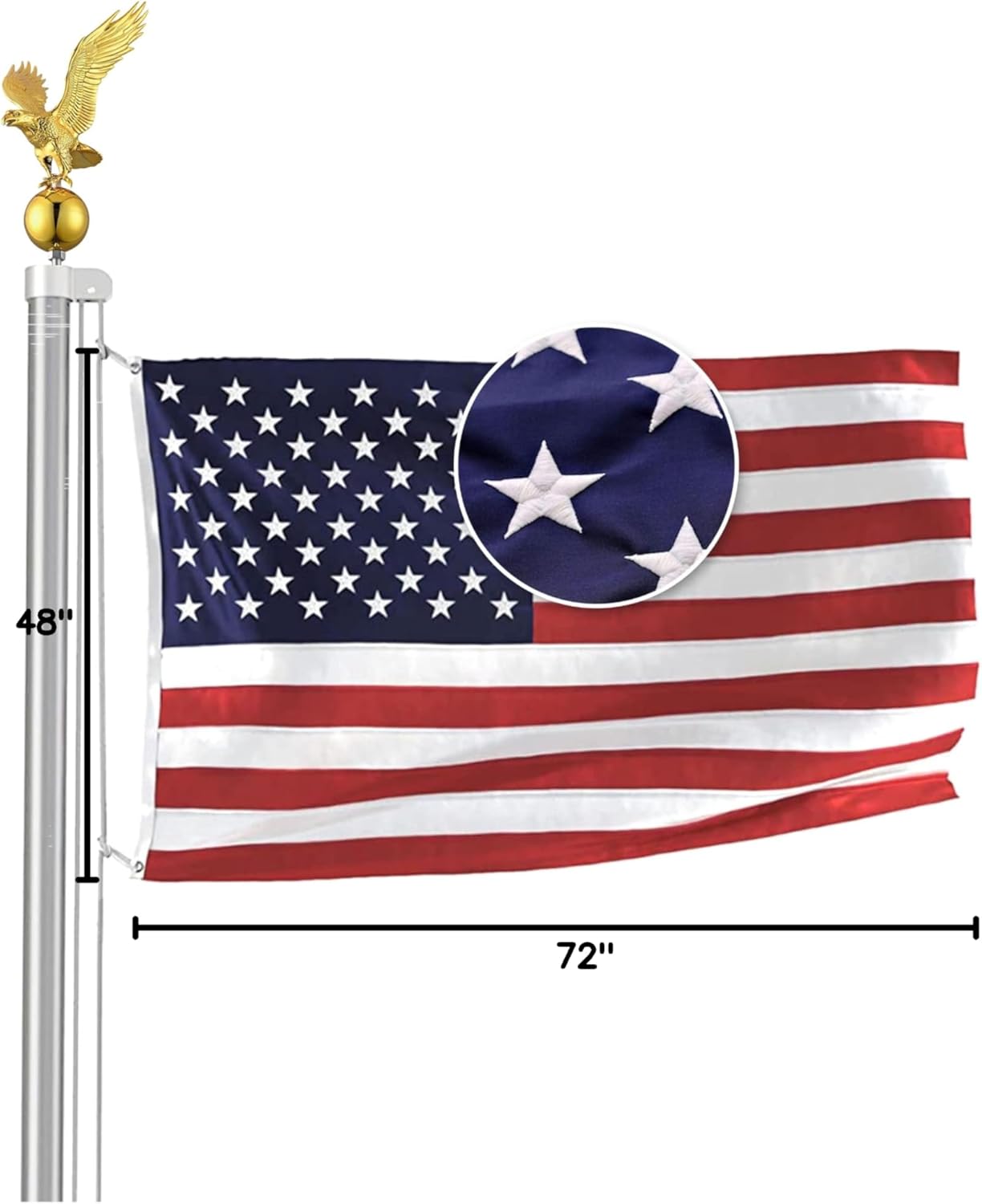 20 FT Heavy Duty 14 Gauge Tapered Commercial Flagpole Outdoor Sectional Residential Flag pole Gold Eagle Top Windstrong 4x6 US Nylon Flag Sewn Stars Stripes Hardware for holding two Flags included