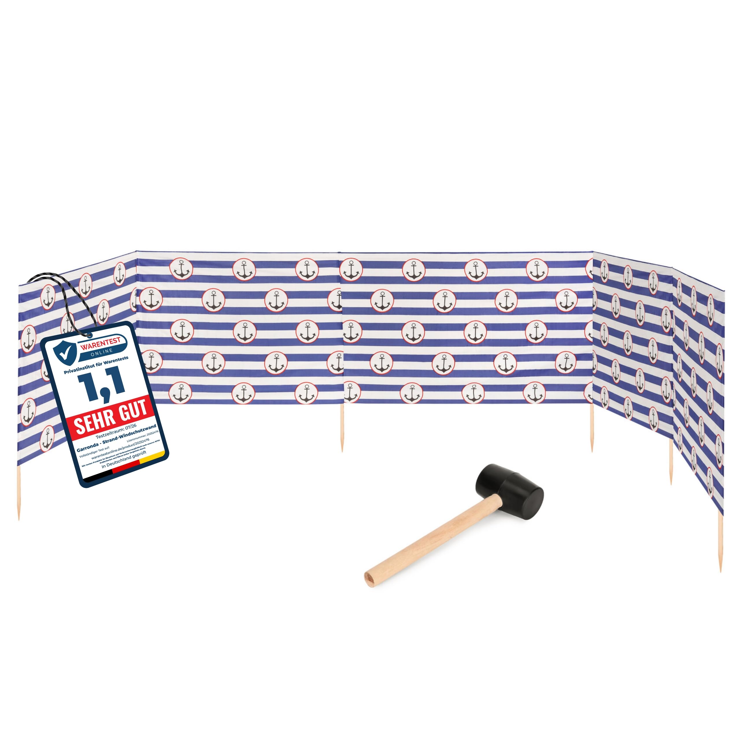 Garronda 6 m lang Windschutz Strand Sichtschutz mit Gummihammer GAEX001 | Windfang für Camping und Strandtage, praktisches Strandzubehör mit Holzstäben, als Sichtblende und Windbarriere im Sand