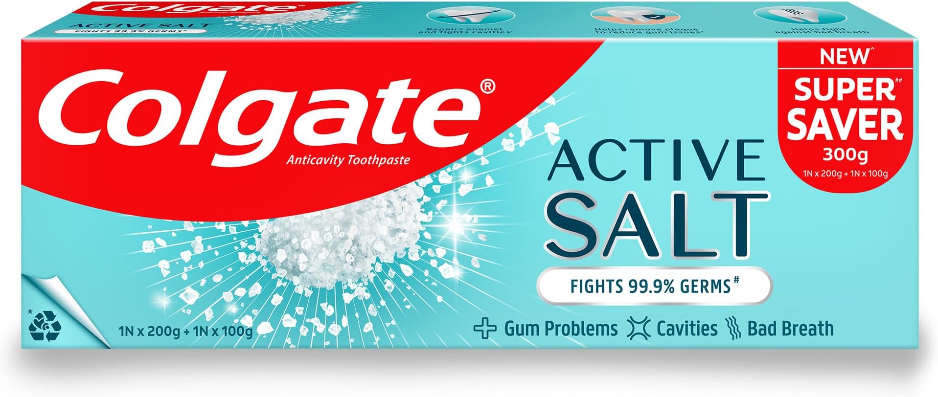 Active Salt Toothpaste, Germ Fighting Toothpaste for Healthy Gums and Teeth, Tooth Decay Prevention, Gum Protection, Eliminates Bad Breath, Plaque Removal (300g/200g X 1 and 100g X 1)