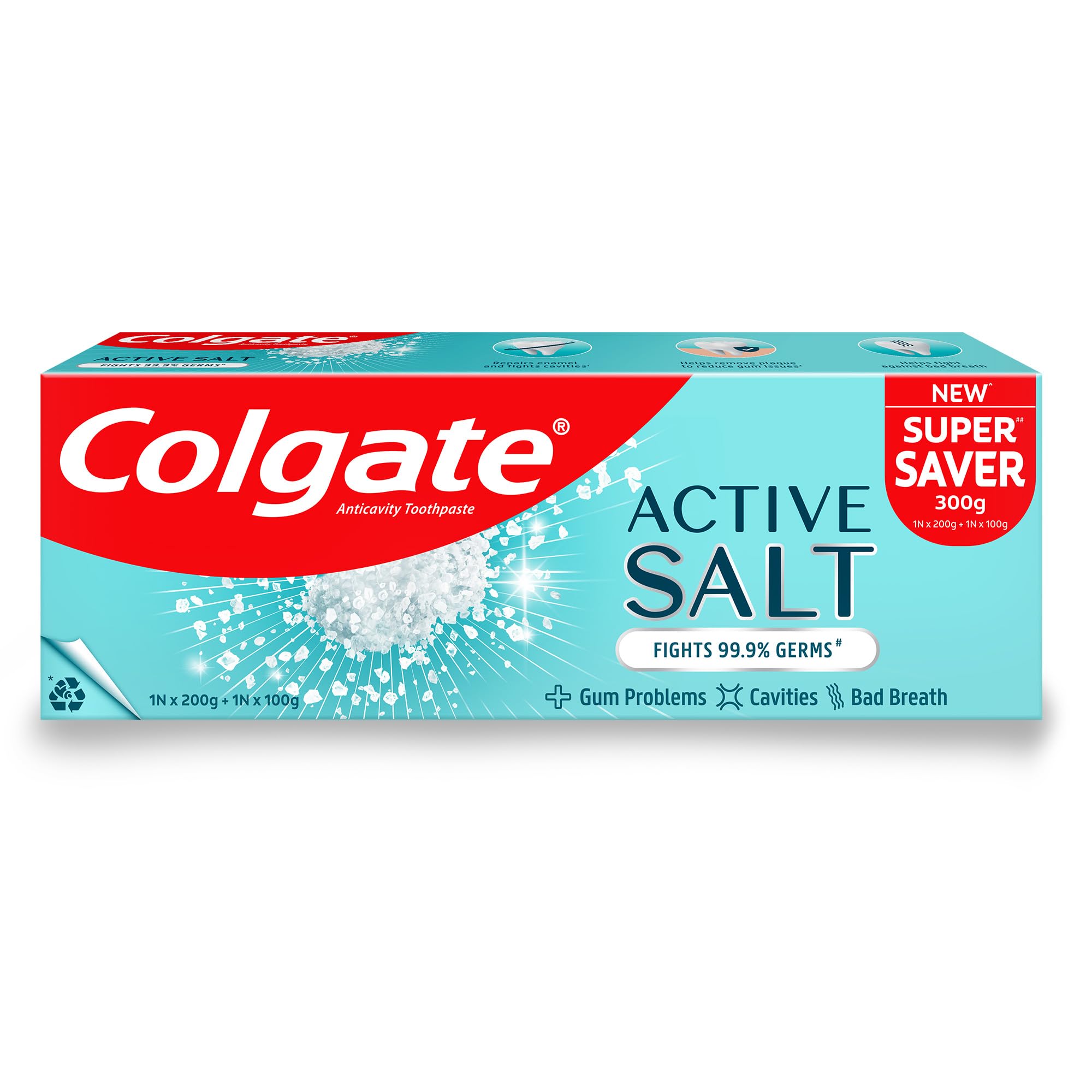 Active Salt Toothpaste, Germ Fighting Toothpaste for Healthy Gums and Teeth, Tooth Decay Prevention, Gum Protection, Eliminates Bad Breath, Plaque Removal (300g/200g X 1 and 100g X 1)