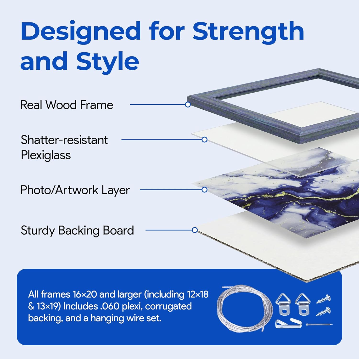 ArtToFrames Rustic Wood Picture Frame for 20x30 Photos, Blue with Acrylic and Wire, nails and hooks, Distressed Blue Wash Finish for Home Decor, Made in the USA