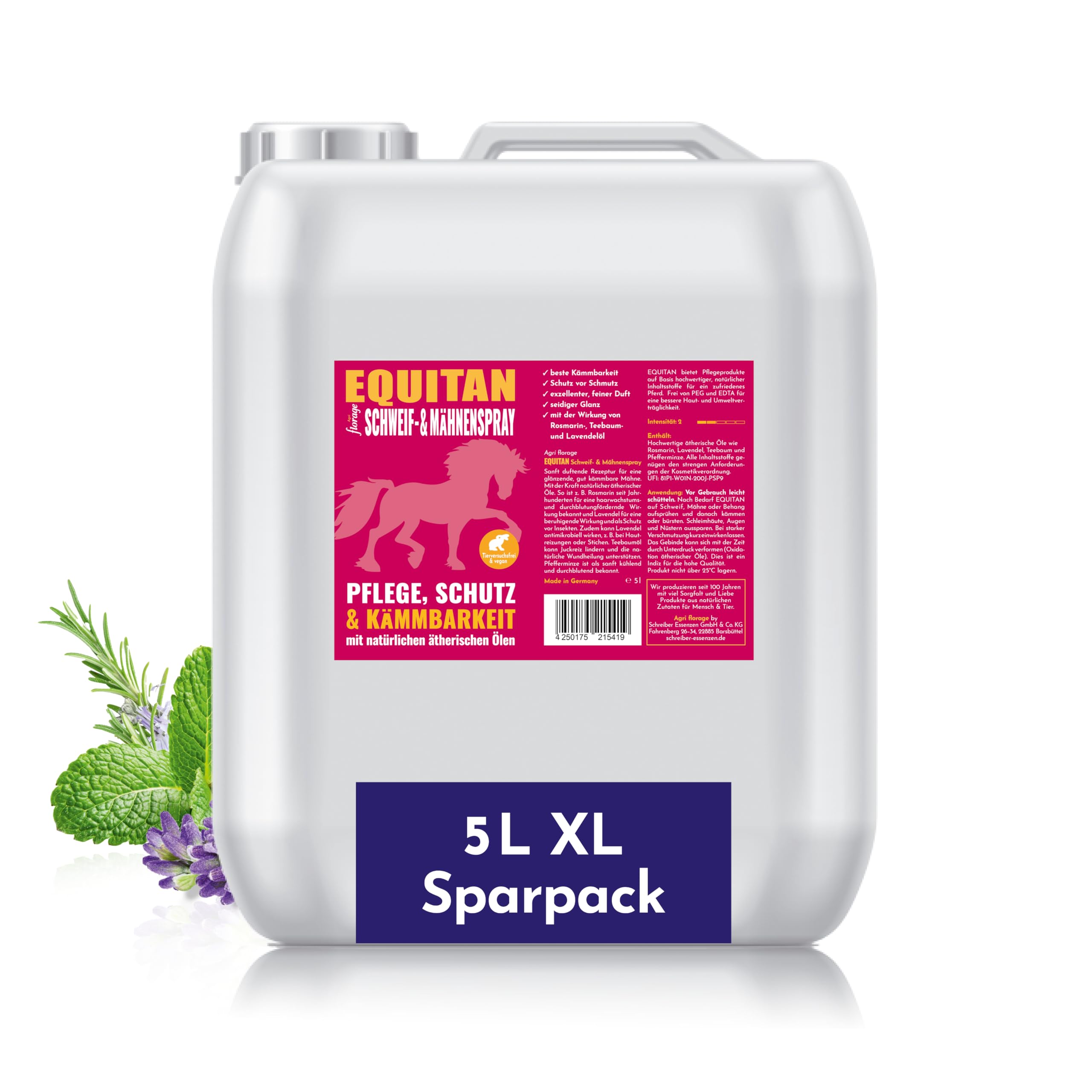 EQUITAN Espray para cola y crines para caballos, para cuidado y peinado, con aceites esenciales, sin PEG ni EDTA, vegano, 5 l