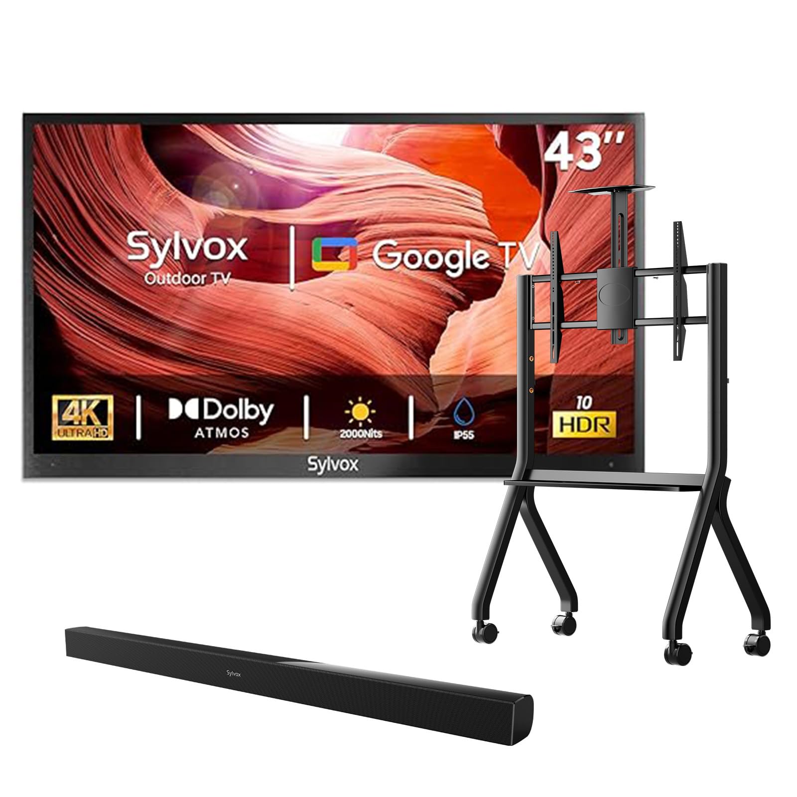 SYLVOX Outdoor TV with Rolling Stand Soundbar 43 inch 2000 Nit Full Sun Smart TVs Sunlight Readable IP55
