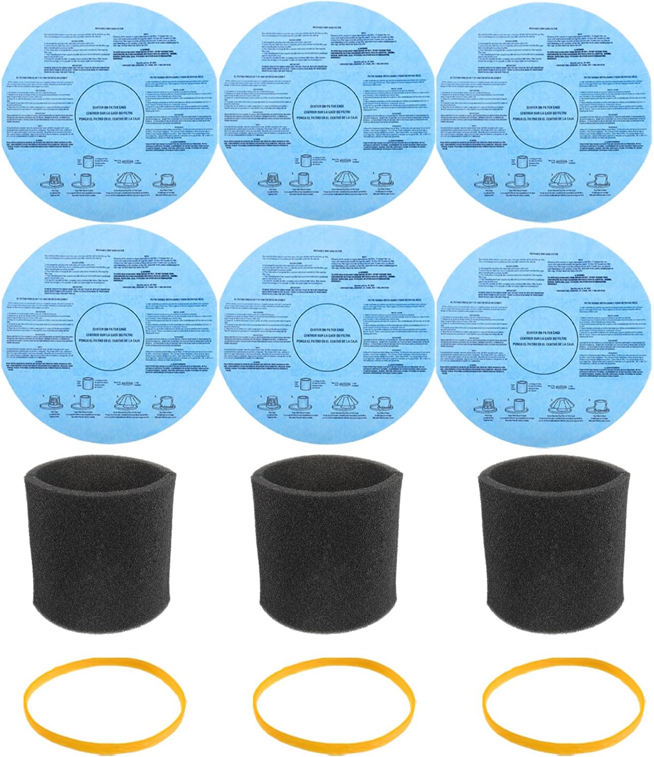 6 pack 90107 Dry Paper Disc Filters 3 Pack Retaining Bands 3Pack 90585 Shop Vac Foam Sleeve Filter Replacements for Most Shop Vac Wet Dry Vacuum Cleaners 5 Gallon and Above