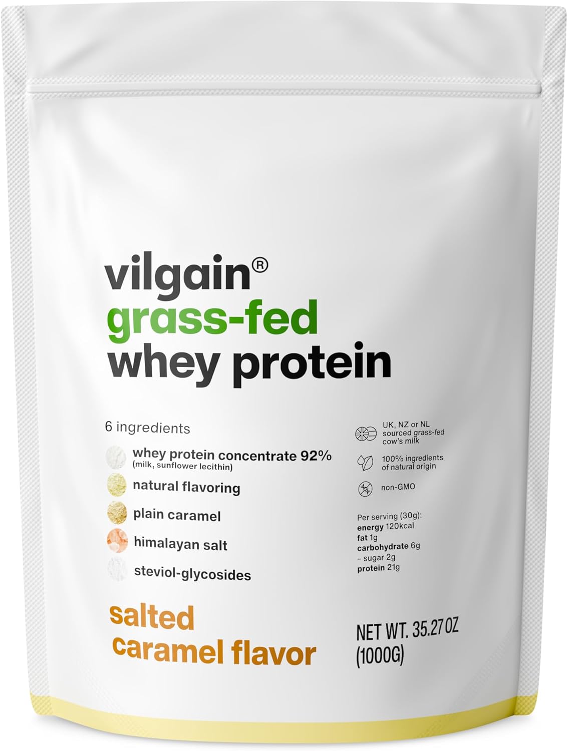 Vilgain® Whey Protein Powder, Grass Fed | 100% Pure Whey Protein Powder | Fast Muscle Recovery and Building | Natural Taste | Premium Quality Powder (35.27 oz, Salted Caramel)