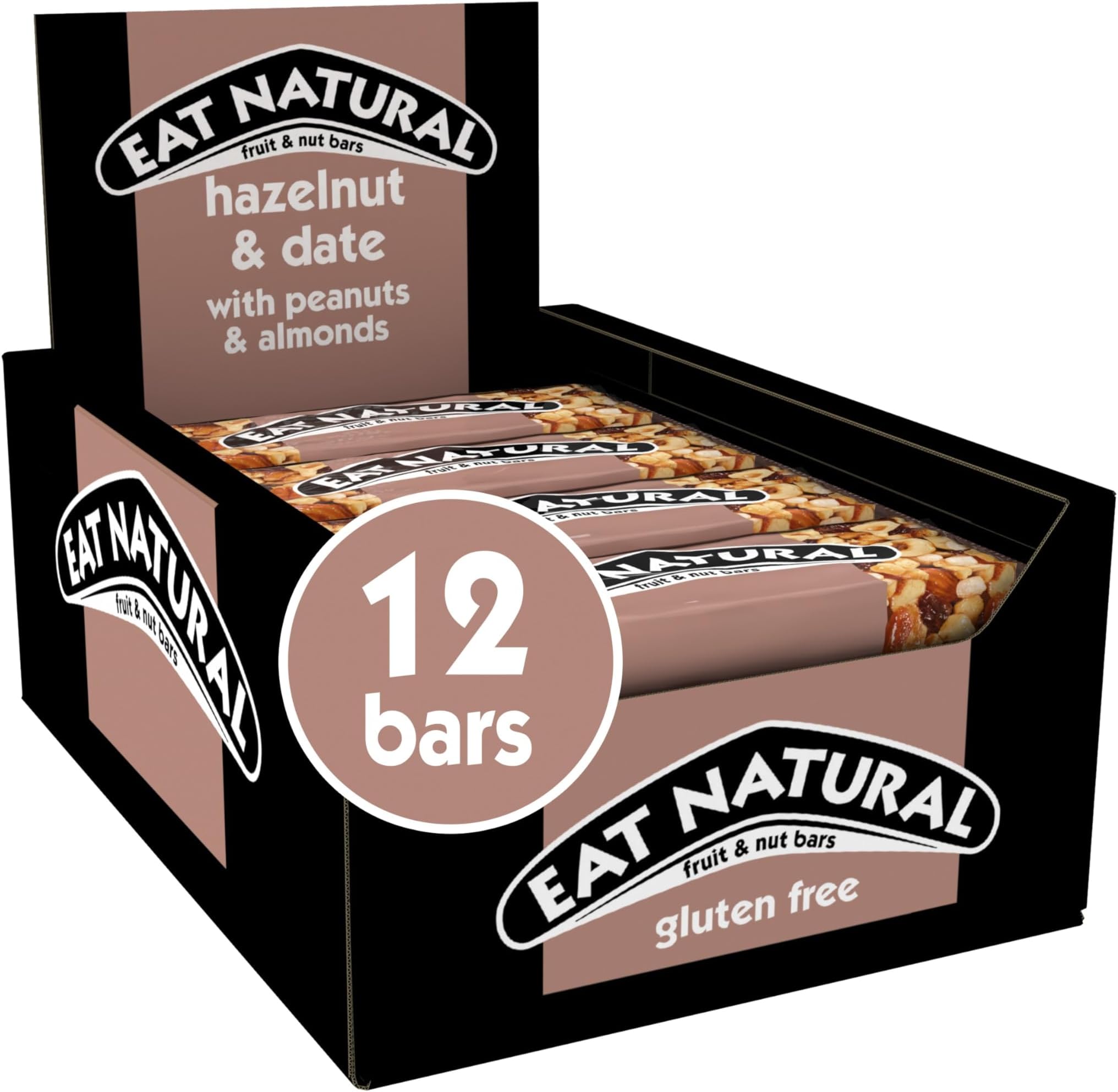 Eat Natural Fruit & Nut Bars - Hazelnut & Date with Peanuts & Almonds - Gluten Free, High Fibre Snacks - 3 Nut Medley - Bulk Multipack 12 x 40g