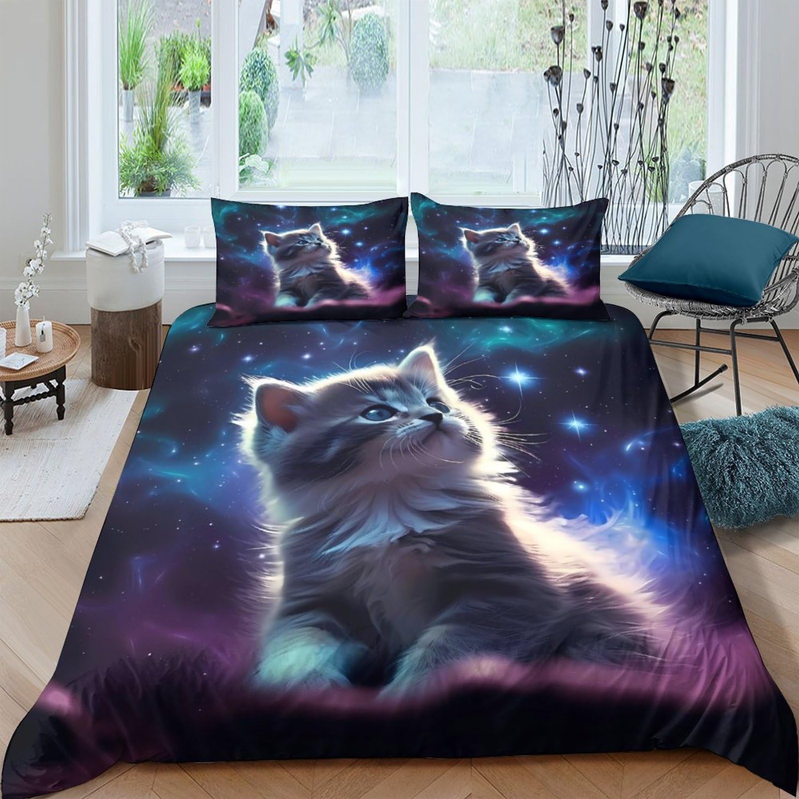 Ctjqhvkz Style-8 3D Printed Galaxy Starry Cat Fitted Sheet Microfiber Soft Bedroom Decor Cosmic Nebula Mattress Cover Washable Single（135X200cm）