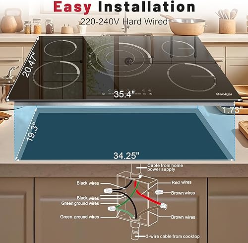 Miniatura 7 de Estufa eléctrica de 36 pulgadas, estufa eléctrica integrada de 36 pulgadas de 240 V, 9200 W, placa de cerámica de cinco quemadores, control