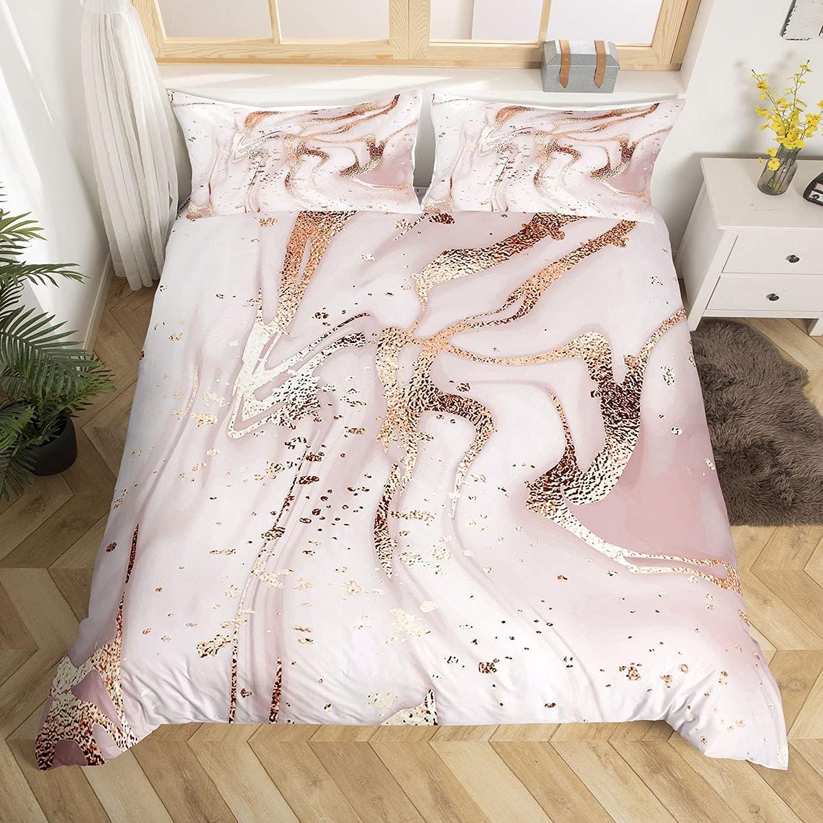 Girls Marble Bedding Set Women Pastel Pink Gold Marble