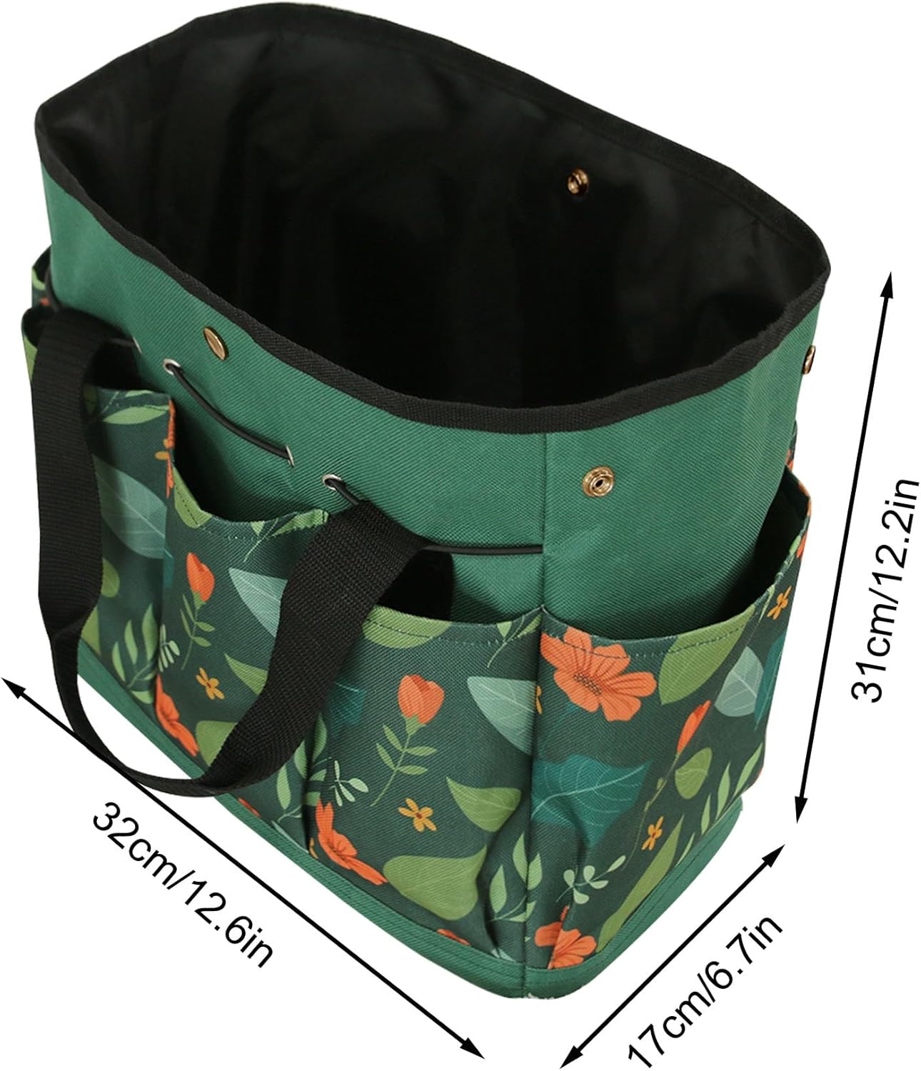 Waterproof Garden Tool Bag, 600D Oxford Portable Gardening Tote with Handle & Multi Pockets, Ideal Gifts for Parents Women (Green Flower, Tools Not Included)