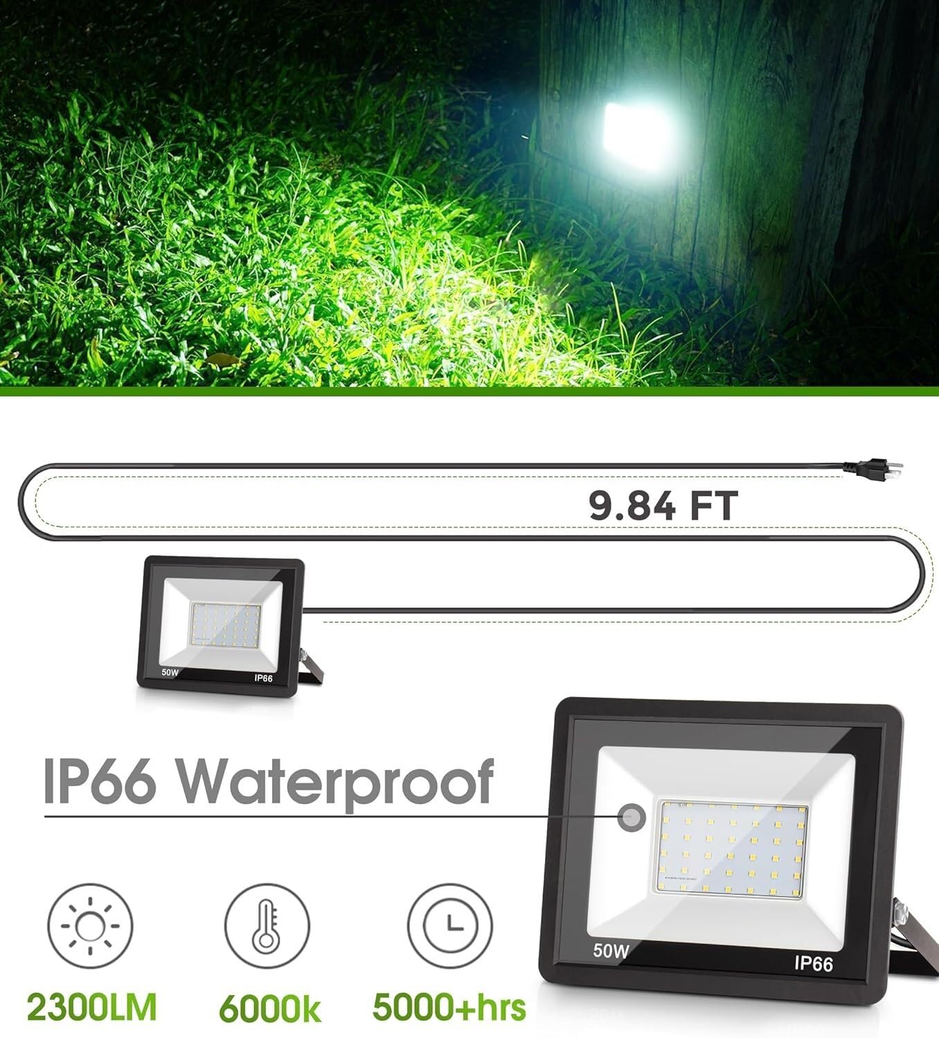 Reflektory zewnętrzne, 50 W, IP66, wodoodporne, wtykowe, odlewane aluminium, do ogrodu, garażu, z certyfikatem UL