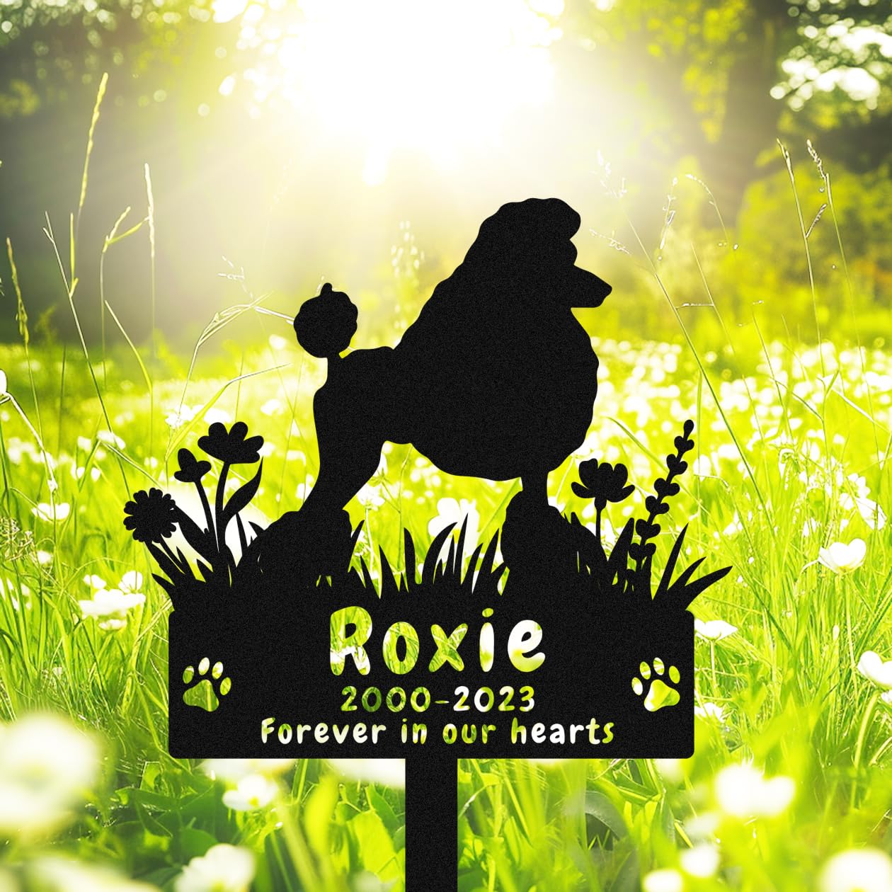 Personalized Flowers Poodle Dog Memorial Grave Marker for Cemetery, Custom Metal Flowers Dog Memorial Stake Grave Marker Poodle Memorial Gift Paws