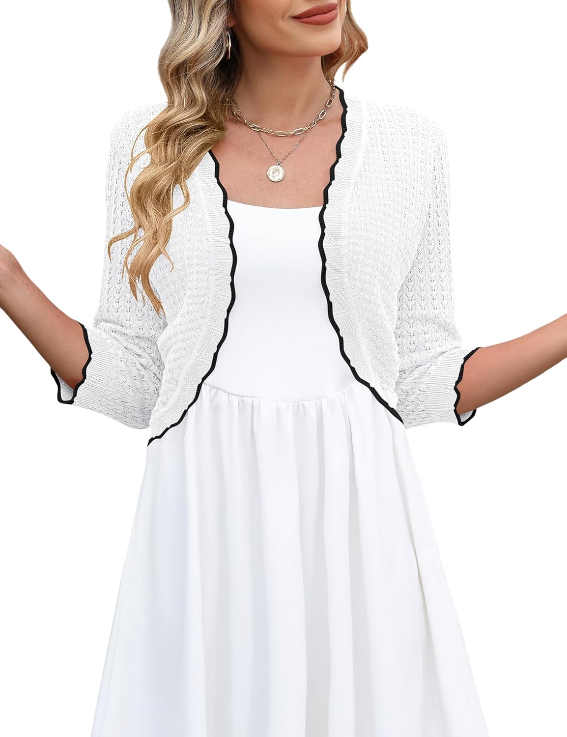 LOMON Women's 3/4 Sleeve Cropped Cardigan Knit Sweaters Trendy Open Front Bolero Shrugs for Dresses S-XXL