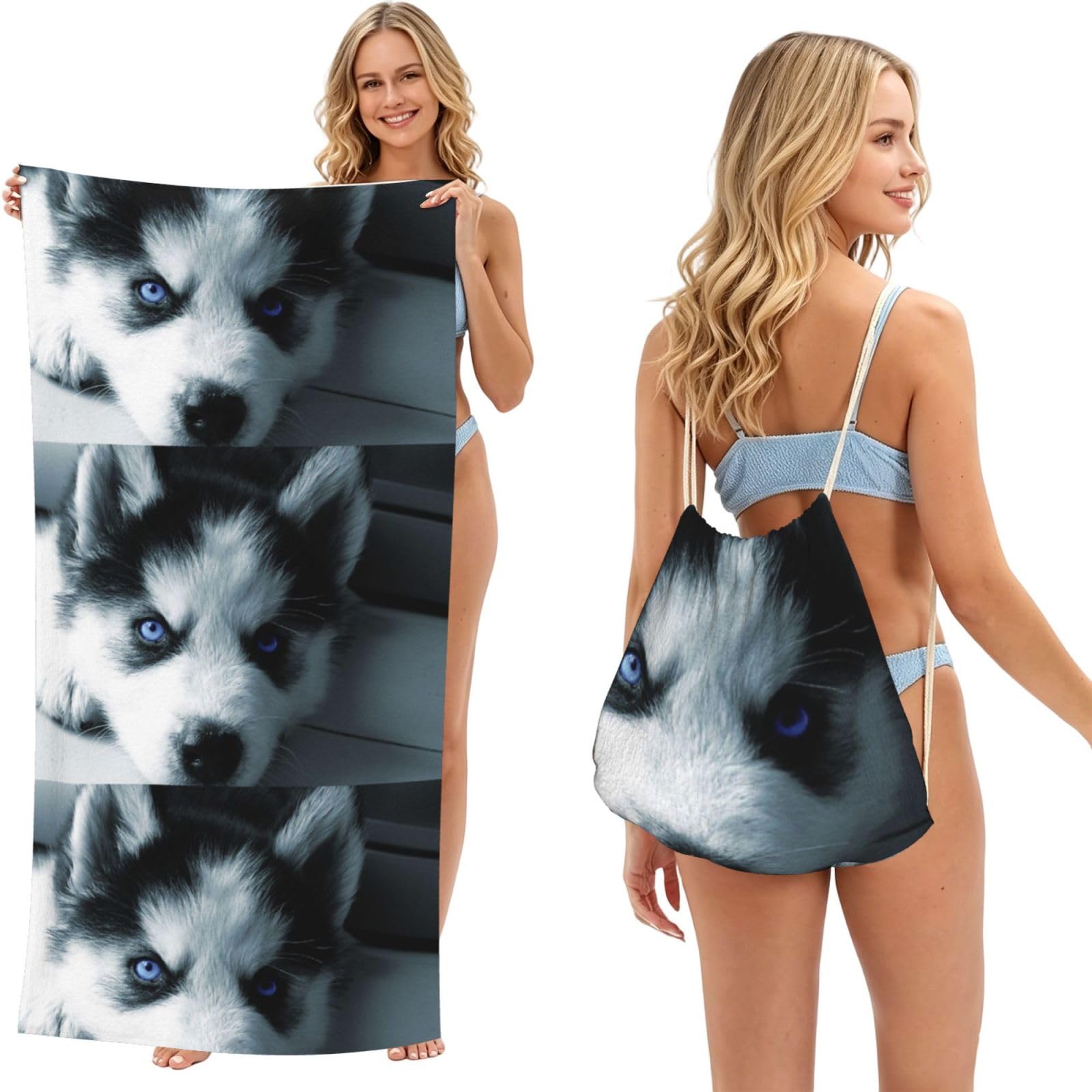 Poadnly As Picture Puppy Husky, 2 In 1 Packable Towel Bag, Beach Towels With Drawstring Backpack For Travel Holiday Camping