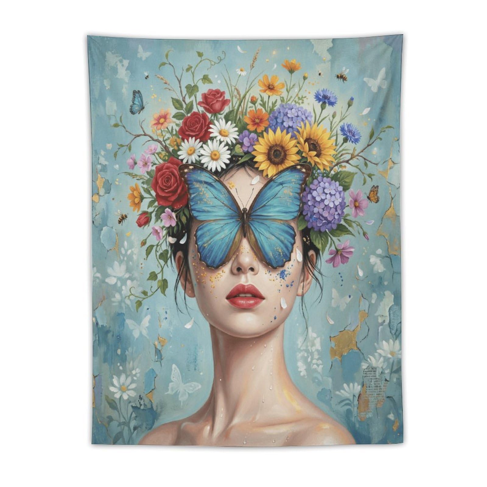 W7C8U2X3 Blue Butterfly Woman Floral Wall Tapestry, Botanical Surrealism