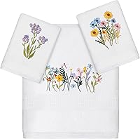Moukeren 3-Piece Wildflower Embroidered Cotton Bathroom Towel Set - Farmhouse Vintage Bath, Fingertip & Hand Towels, Highly Absorbent