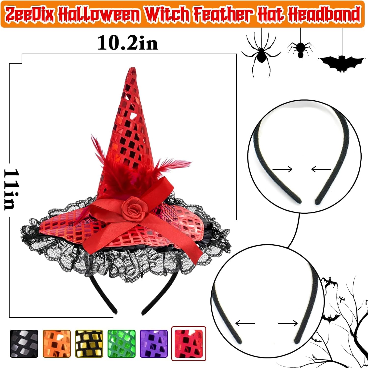 ZeeDix Witch Hat Headband for Women - Mini Witches Headpiece for Halloween Costume Dress Up Masquerade Supplies
