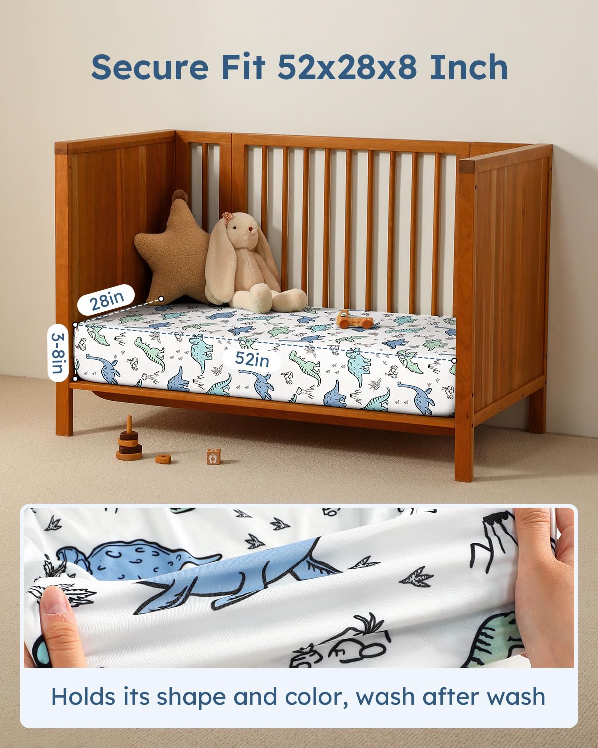 Baby Crib Sheets for Boys Girls, 28x52x8in Fitted Crib Sheet Neutral 3 Pack for Standard Crib and Toddler Mattress, Breathable Soft Microfiber Baby Sheet Green & Blue Dinosaur - Image 3