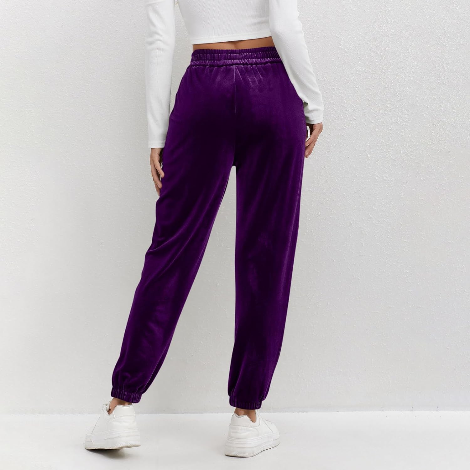 Velvet Pants for Women with Pockets Soft Dressy Casual Elastic High Waist Velour Lounge Sweatpants Formal Slacks