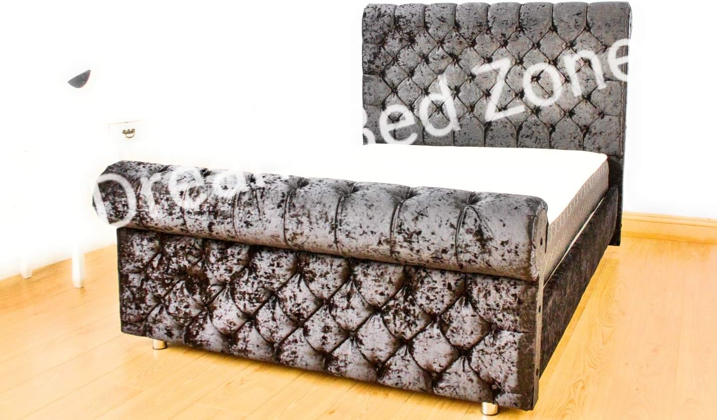 CHESTERFIELD Classy Modern Bed Frame Sleigh Style Fully Upholstered Designer bed in Crushed Velvet or Chenille Fabric (4FT 6'' Double, Crushed Velvet-GREY)