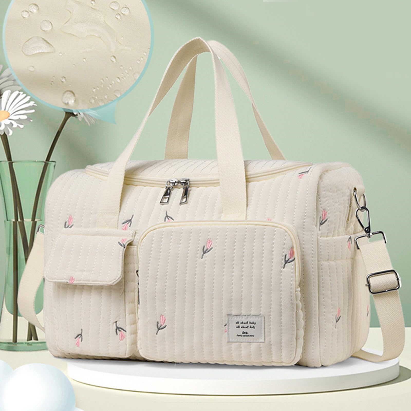 Bolsa de almacenamiento con patrón bordado para pañales para mamá, bolsa cruzada con múltiples compartimentos, gran capacidad de transporte