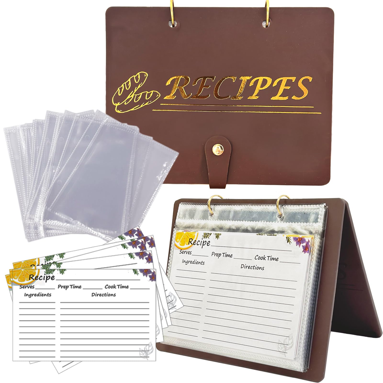 Raccoglitore per ricette con maniche in plastica, raccoglitore verticale per ricette da 10 x 15 cm, kit organizer per ricette fai da te e protezioni trasparenti per fogli (marrone/oro, per 30 carte)