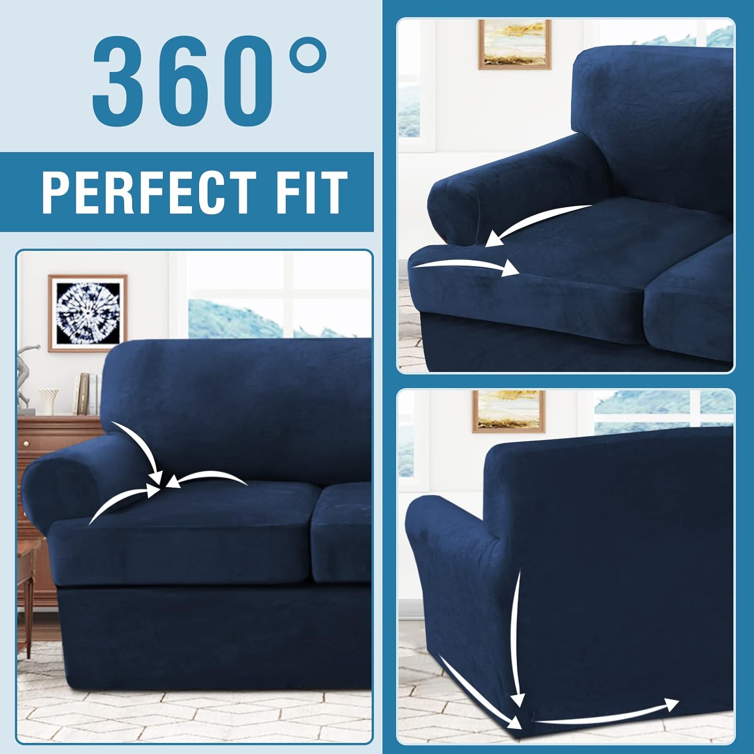 H.VERSAILTEX Velvet Stretch Sofa Covers for 3 T-Cushion (72"-90") Bundle Armchair Cover for 1 T-Cushion Couch (32"-40"),Navy